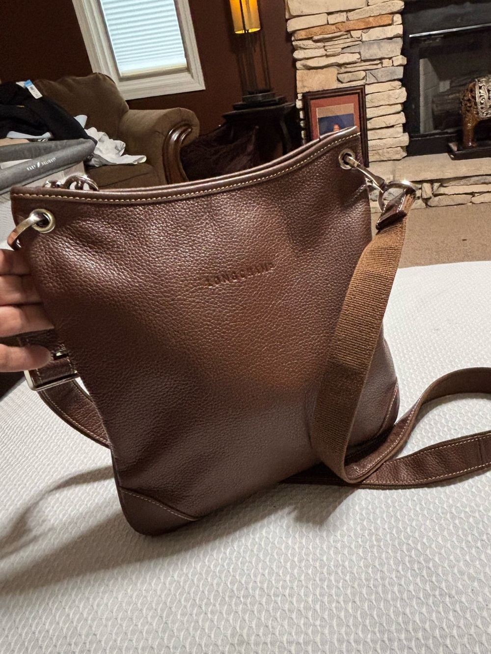 Longchamp Brown Leather Pebbled Crossbody Bag with Adjustable Strap - Picture 2 of 16